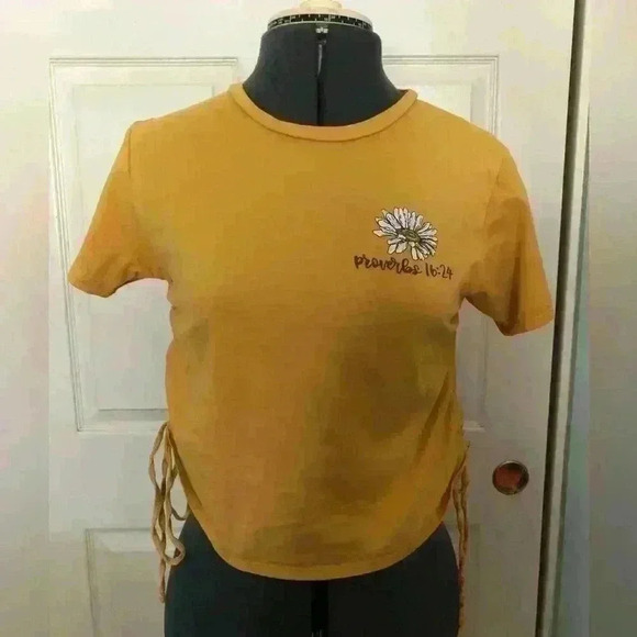 French Pastry gathered scrunched sides yellow Bible quotes short sleeve SMALL - Picture 1 of 5